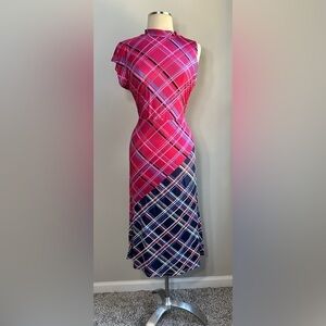 Vibrant Red & Navy Plaid Midi Dress – Size Large
